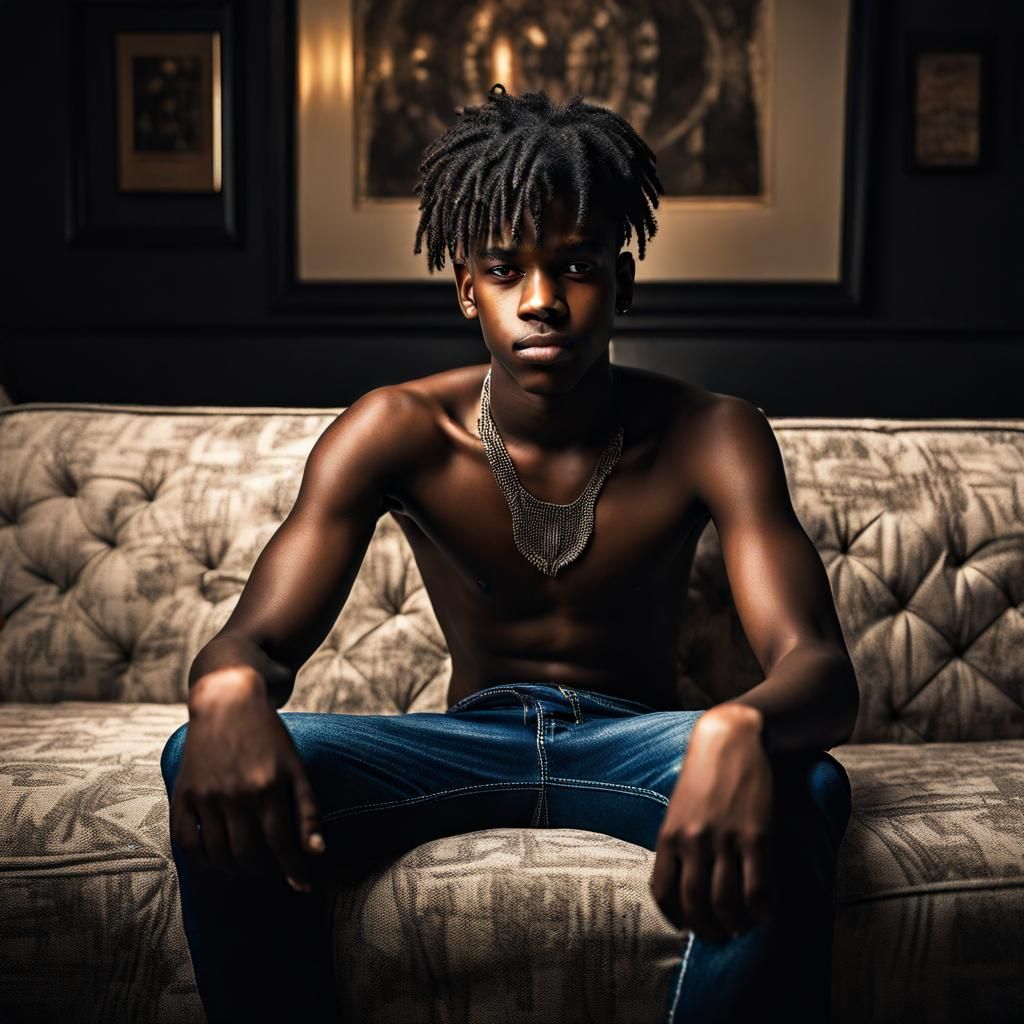 Hyperrealistic Image of a Shirtless Ebony Boy on Sofa