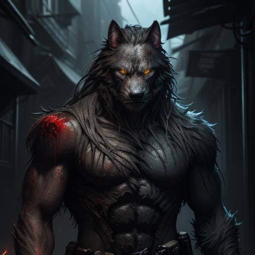 Hyperrealistic Werewolf Transformation in Dark Alley