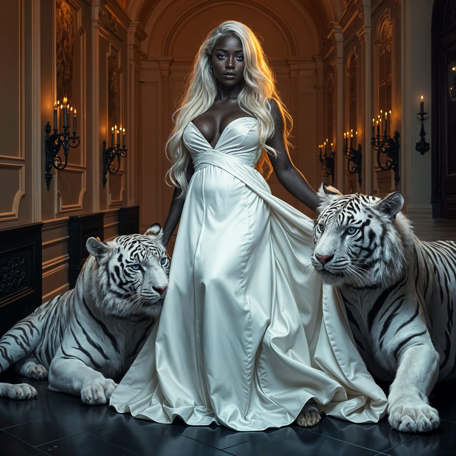 Voluptuous Woman with Tigers in Oil Painting Style