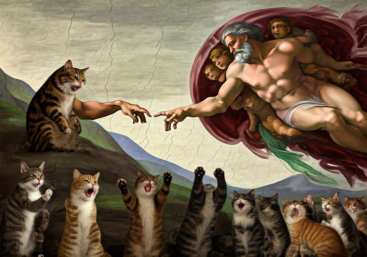 Michelangelo's Creation of Adam Recreation with Cats