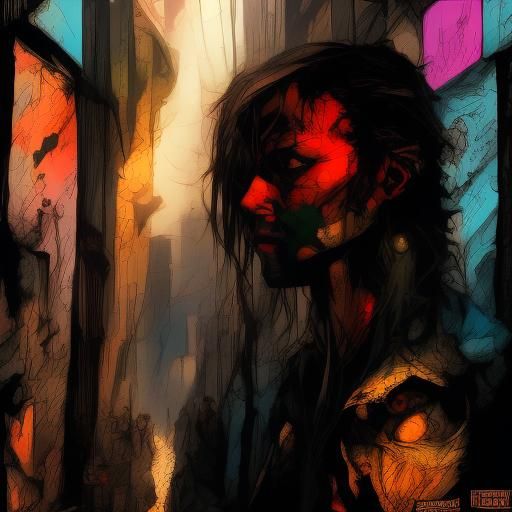 Dystopian Alleyway Scene in Oil Painting Style