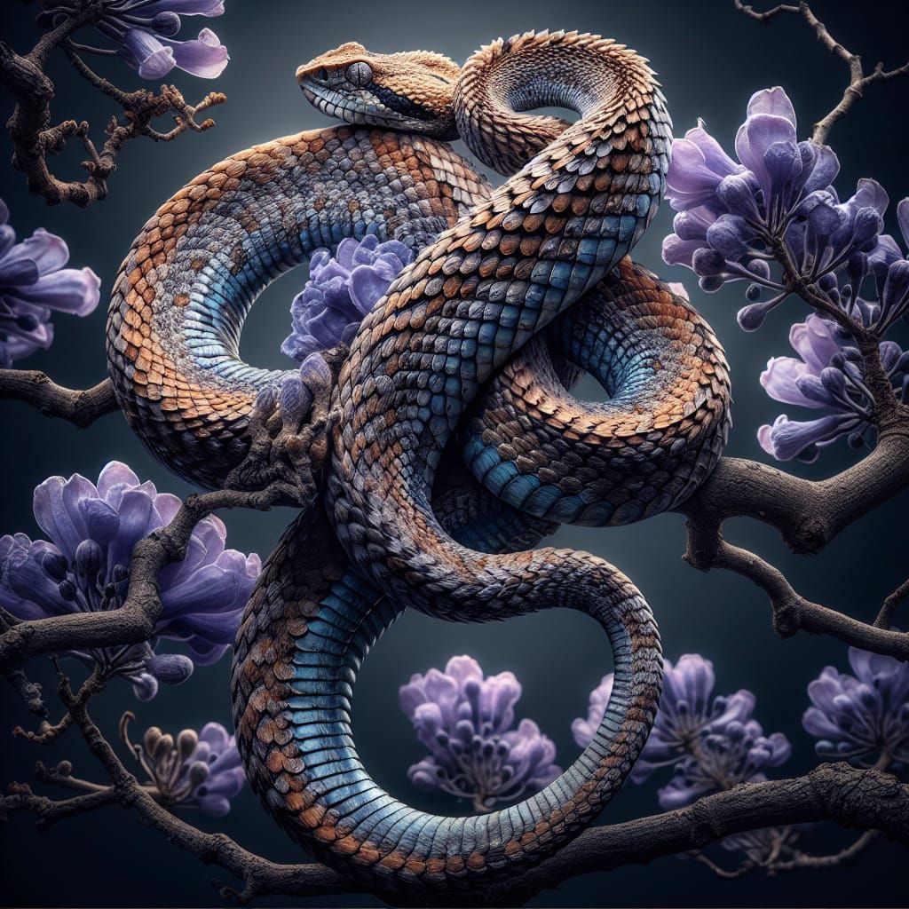Spiny Bush Viper Coiled on Jacaranda Branch