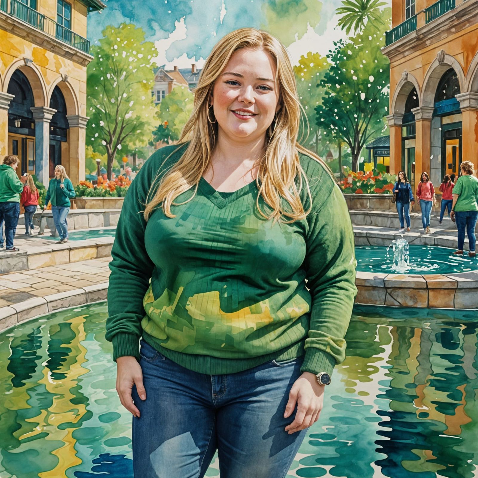Plus-Sized Woman in Mall, Gouache Impressionist Style