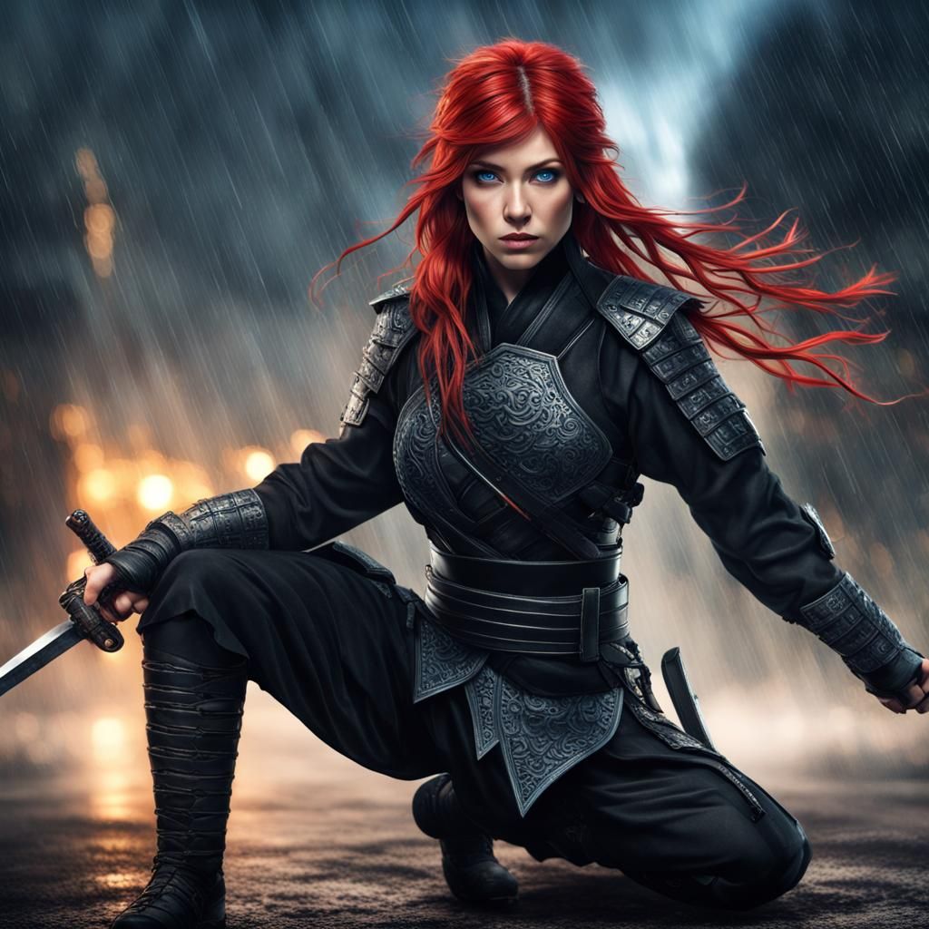 Ninja Woman with Red Hair in Cinematic Lighting