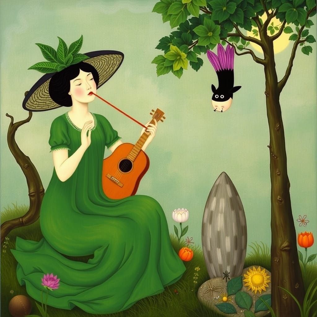 Dreamlike Green Goddess in Whimsical Landscape