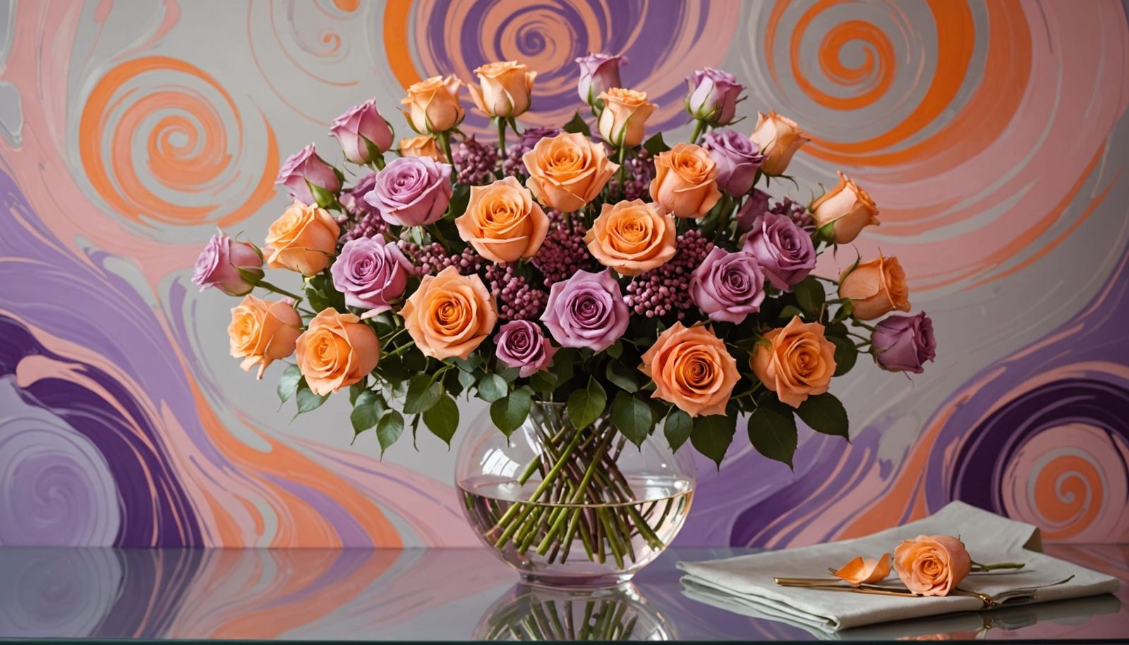 Roses Bouquet in Tiffany Vase with Abstract Backdrop