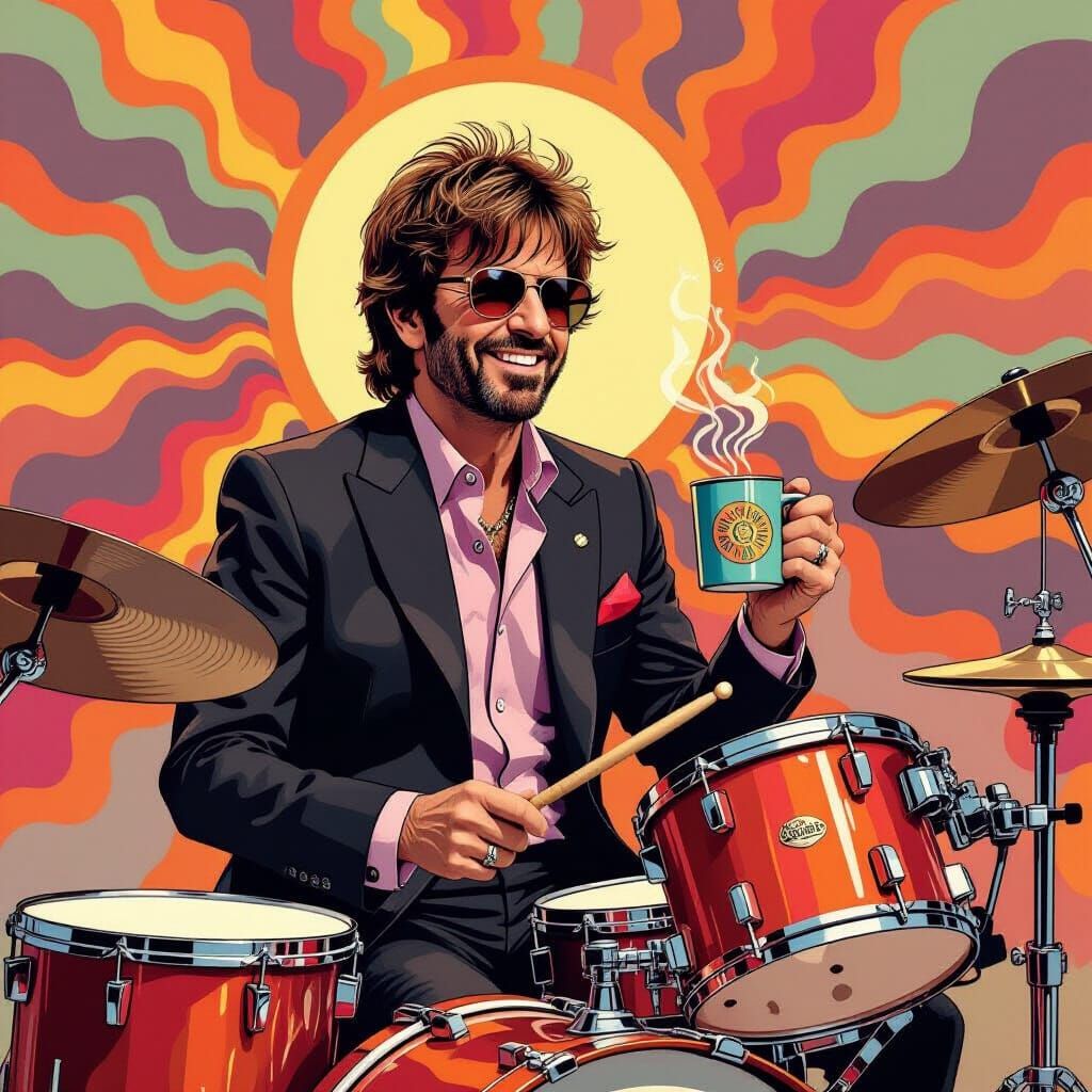 Psychedelic Pop Art Drummer Sipping Coffee