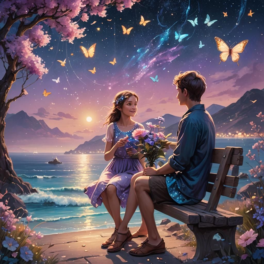 Romantic Scene: Boy Gives Flower to Girl