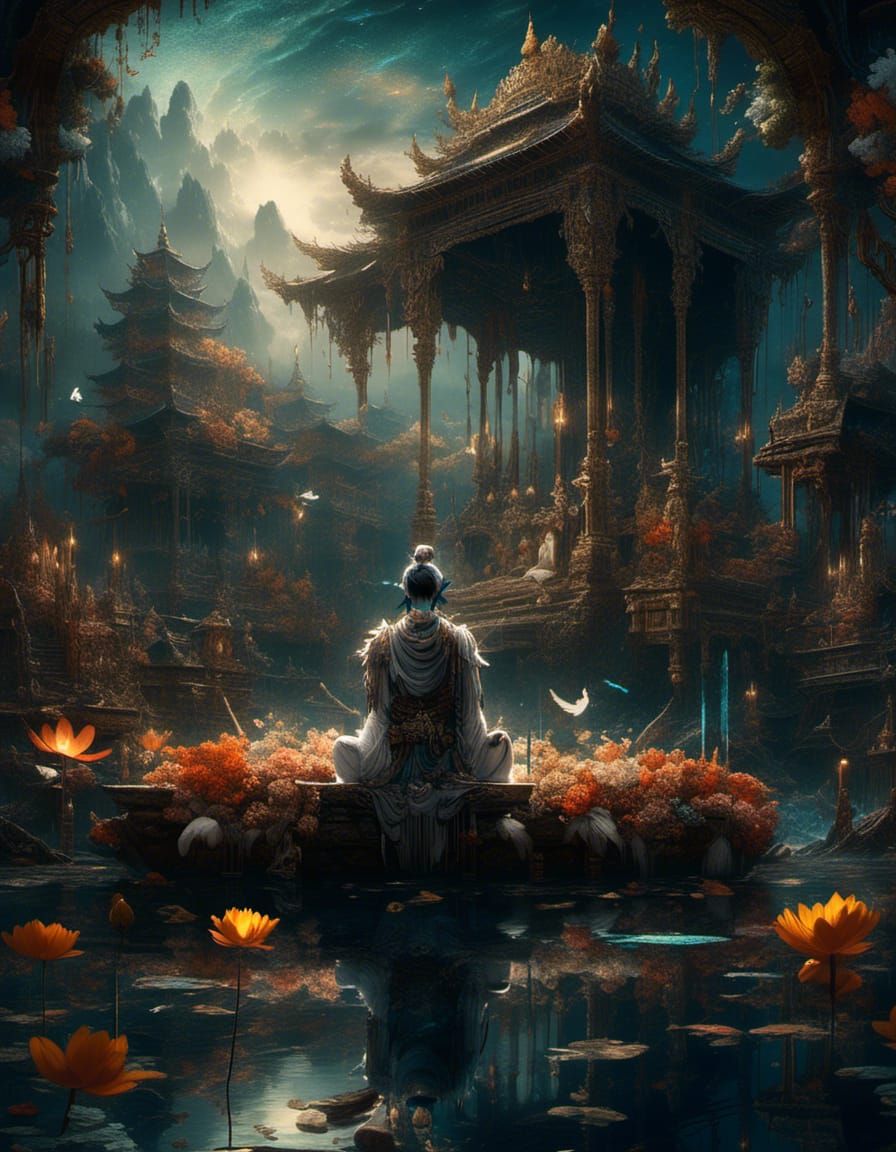 Lord Krishna Meditating in Cosmic Water Garden