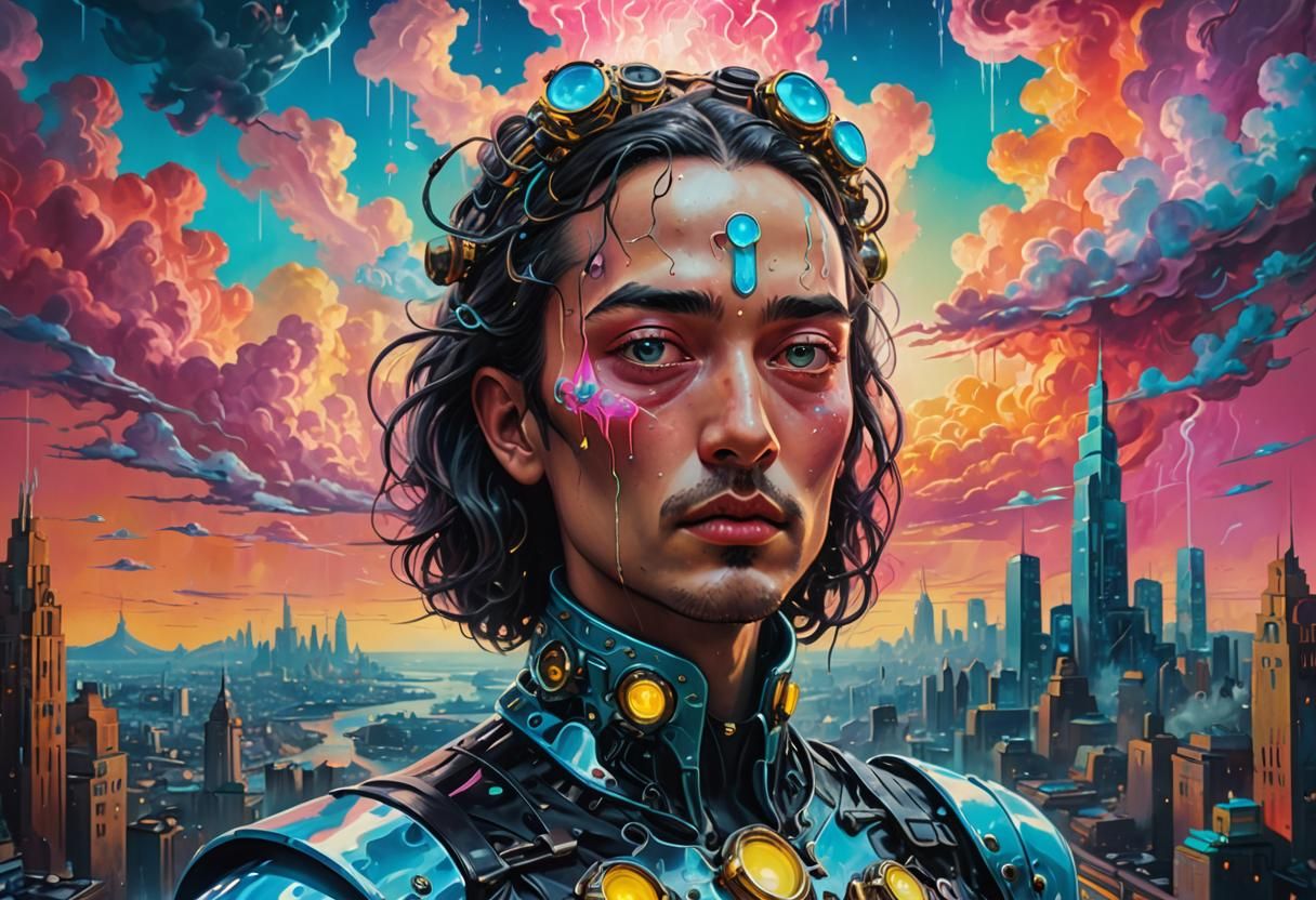 Divine Cyberpunk Deity in Neon Cityscape