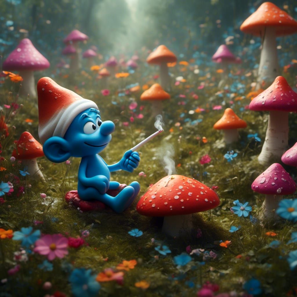 Smurf Smoking Hookah in Mushroom Field