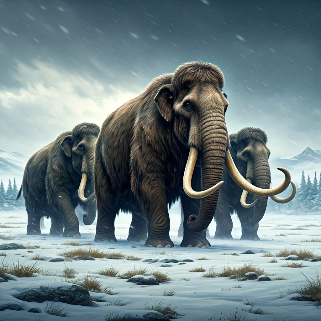 Woolly Mammoths in Snowstorm: Hyperrealistic Winter Scene