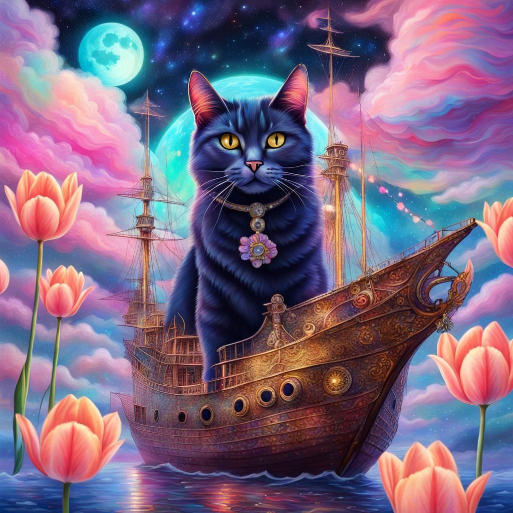 Cat Party on Pirate Ship in Pastel Clouds