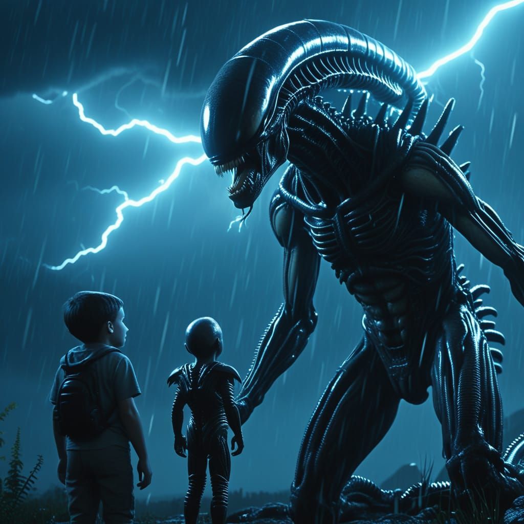 Xenomorph Family in Bioluminescent Hive During Lightning Sto...
