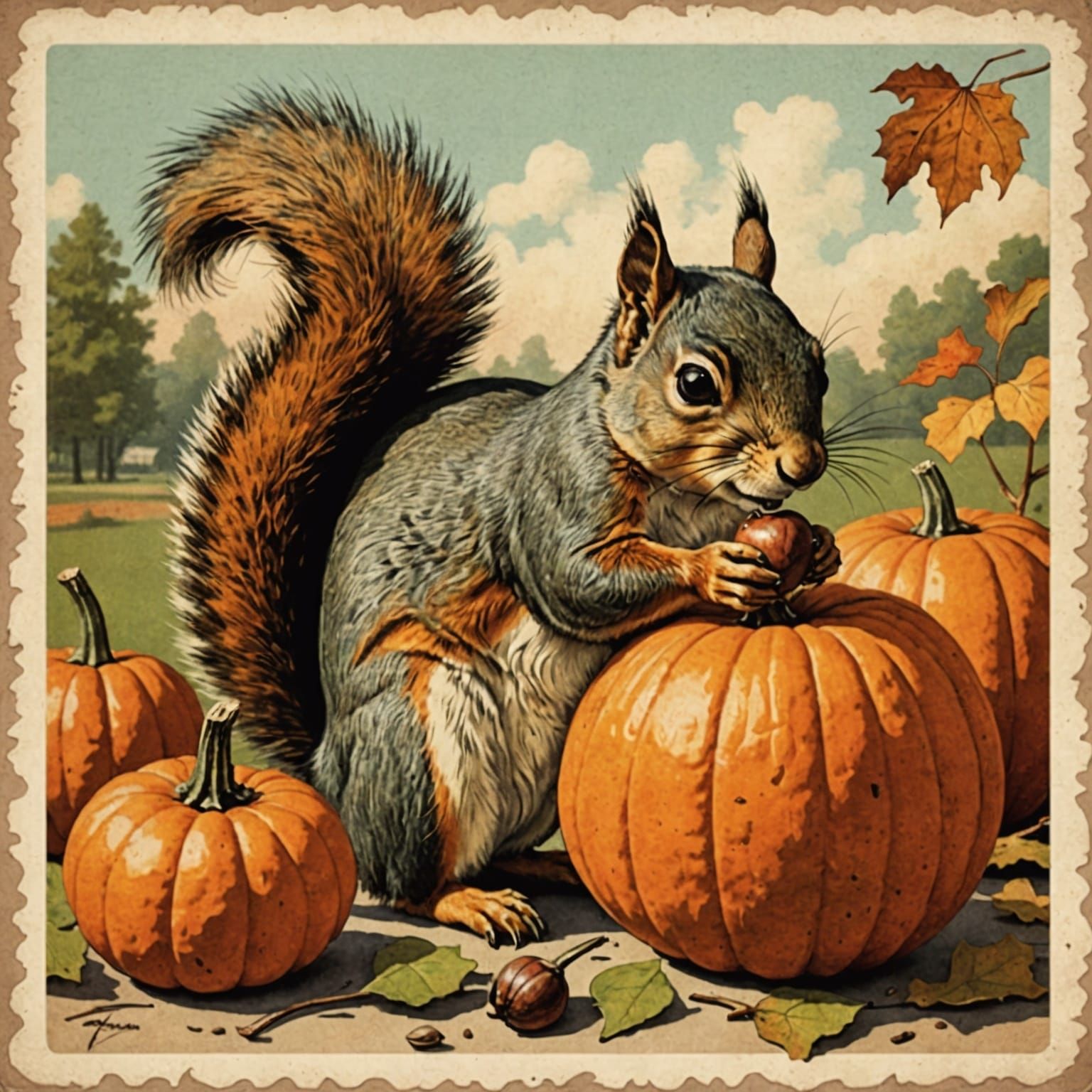 Squirrel Feast: Acorn and Pumpkin in Vintage Style