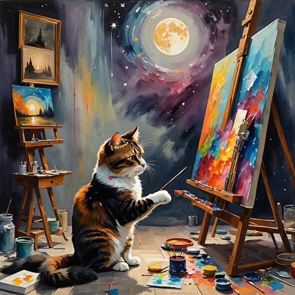 Cat Artist at Work in Cozy Studio