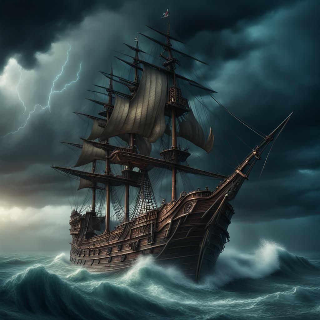 Pirate Ship Amidst Stormy Seas: Digital Matte Painting
