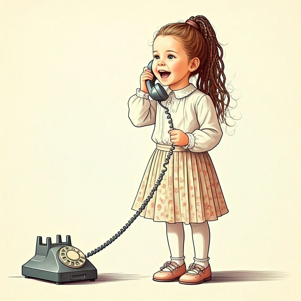 Little Girl on Phone: Manga-Inspired Black and White Drawing