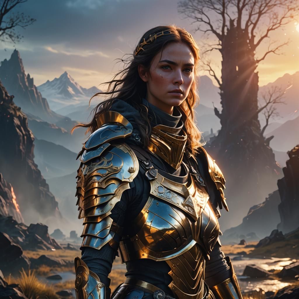 Heroic Woman in Fantasy Battle Armor, Cinematic 3D Art