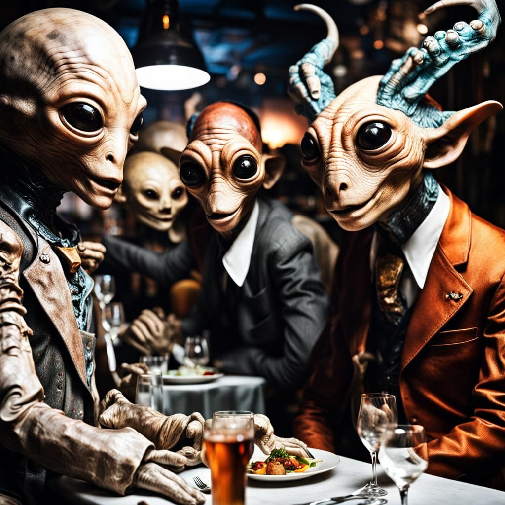 Surreal Restaurant Scene with Alien Celebration