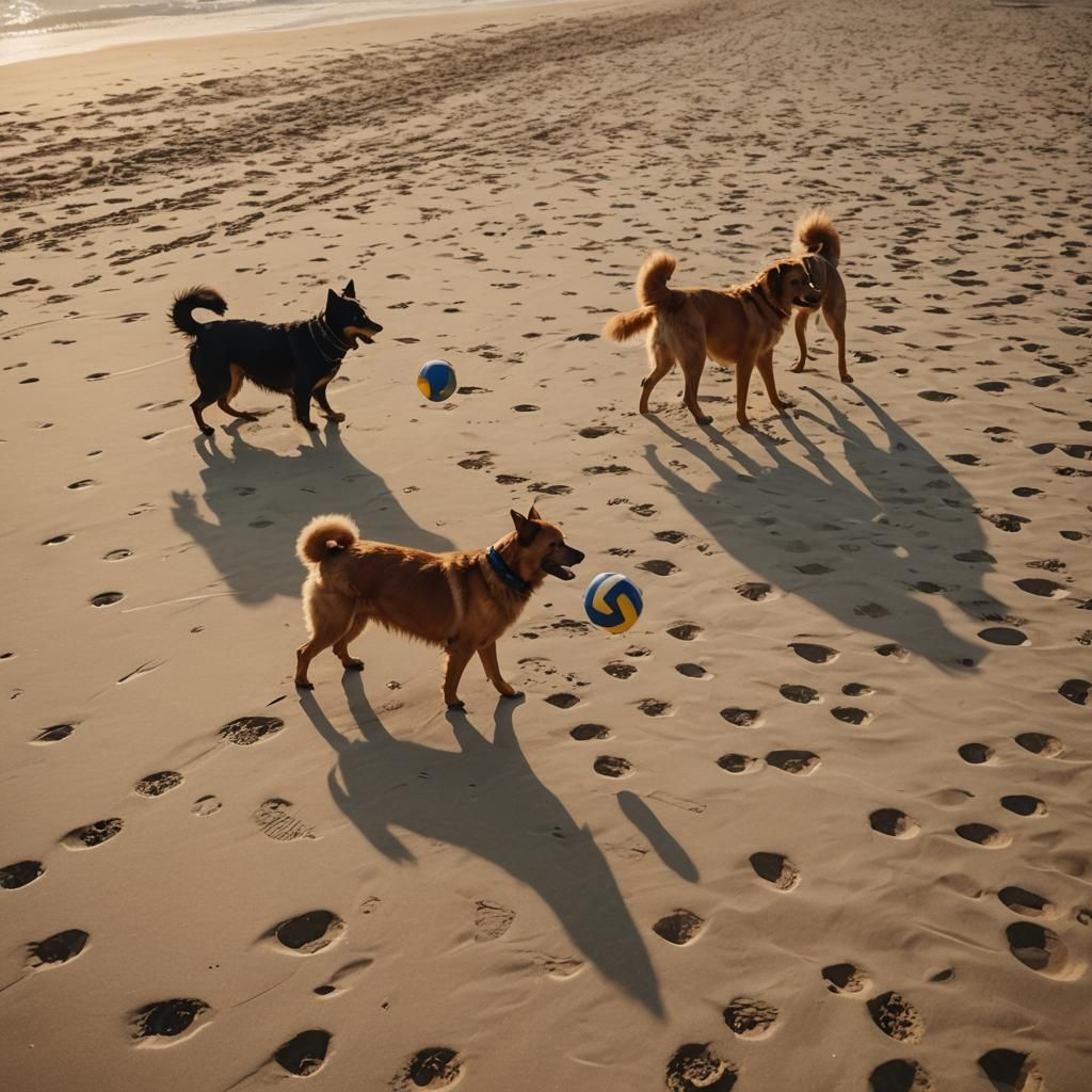 Dogs Play Volleyball at Sunset: Cinematic Film Still