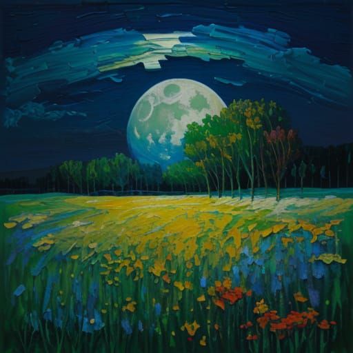 Expressionist Moonlit Meadow with Vibrant Colors