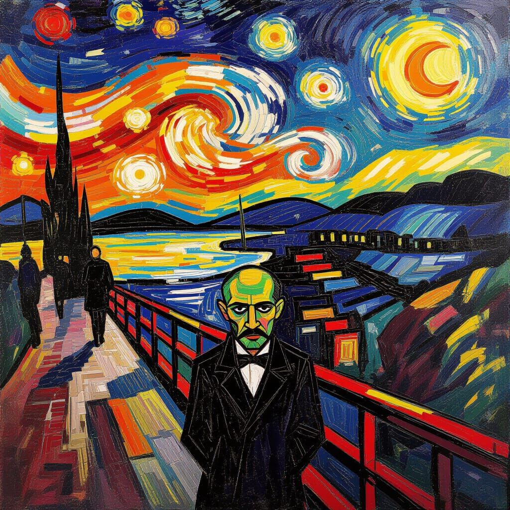 Chaotic World Painting Evoking Munch and Van Gogh