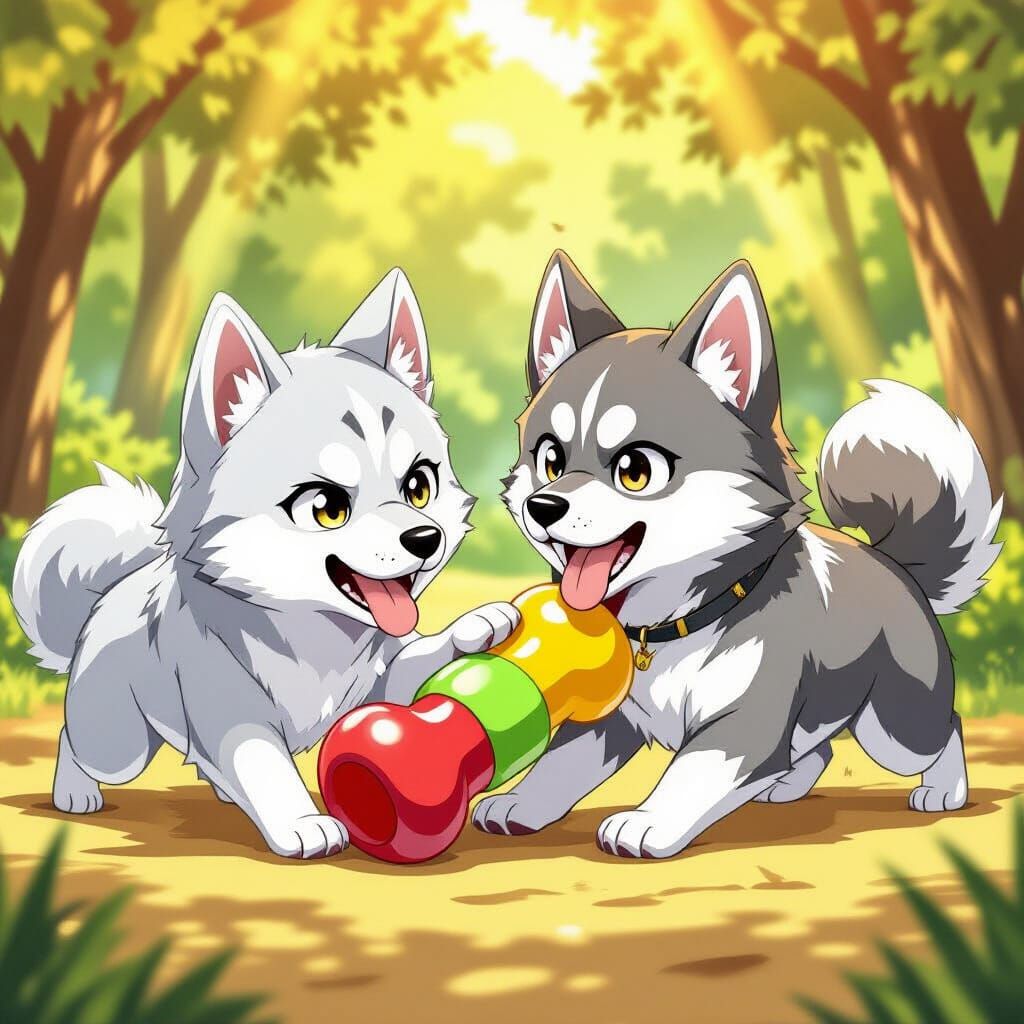 Adorable Anime Huskies Playfully Wrestling in Sunlight