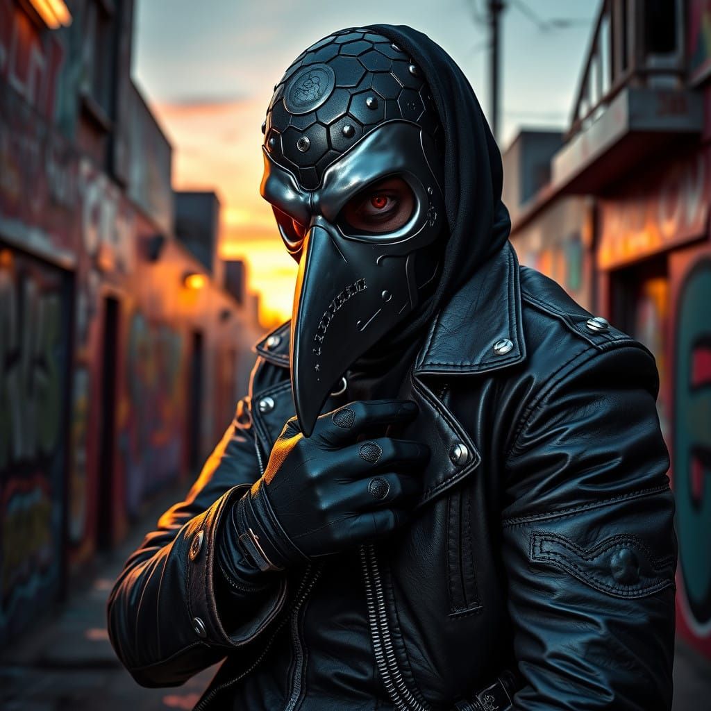 Biker Plague Doctor in Neon Cityscape
