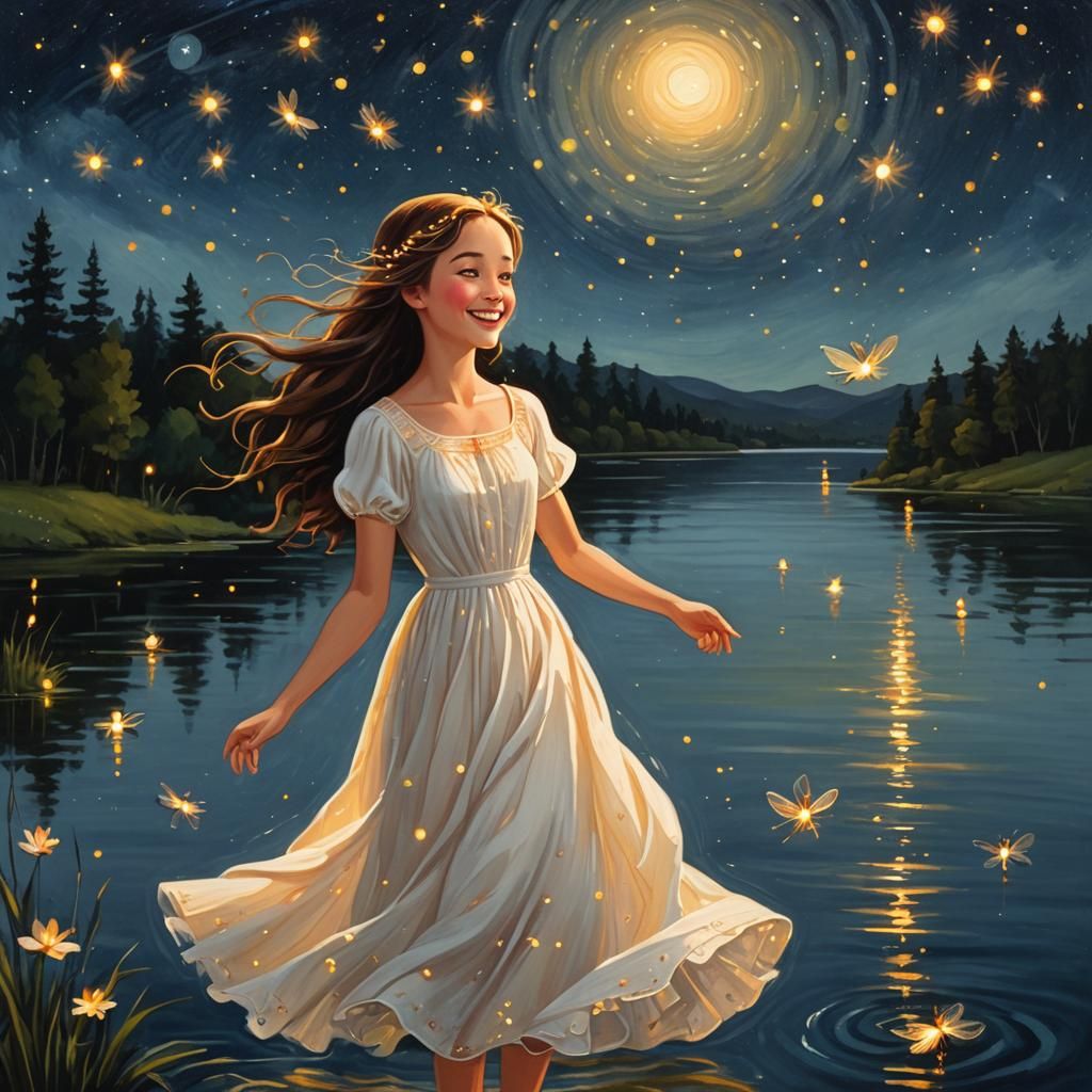 Girl Chasing Fireflies: Naive Folk Art Summer Night