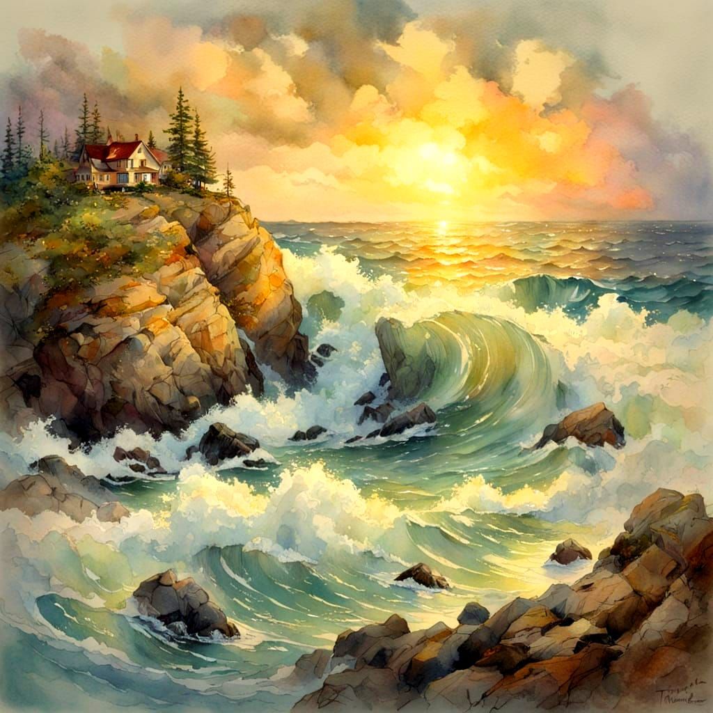 Dreamy Ocean Rock in Warm Golden Light