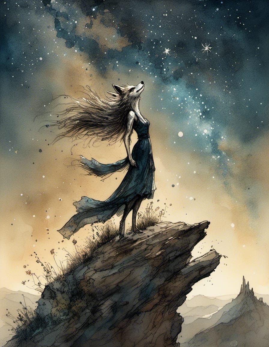 Anthropomorphic Coyote Reaching for the Milky Way