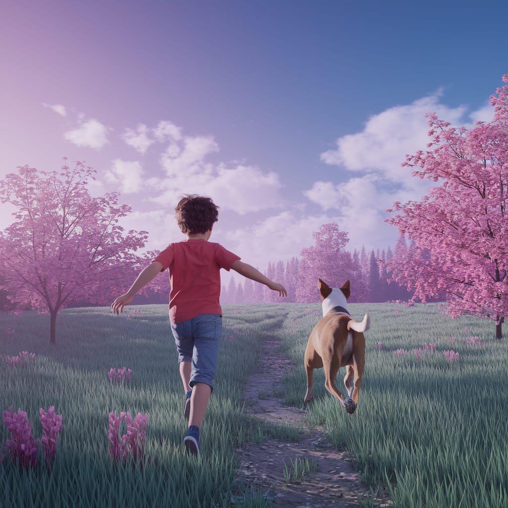 Child and Dog Play in Vibrant, Dreamlike Meadow