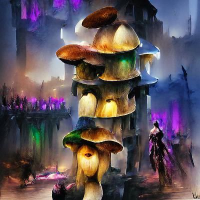 Telvanni Mushroom City: Digital Painting with Neon Lights
