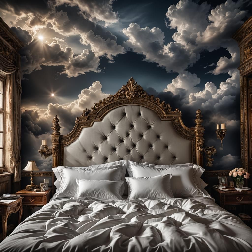Bed Floating in the Clouds, Hyperrealistic Image