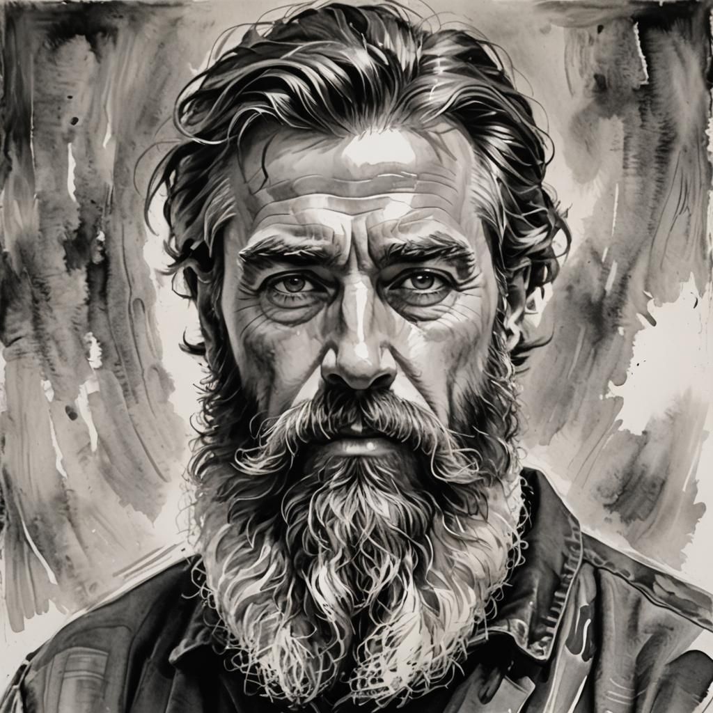 Bearded Man Portrait in Gouache and Watercolor Style