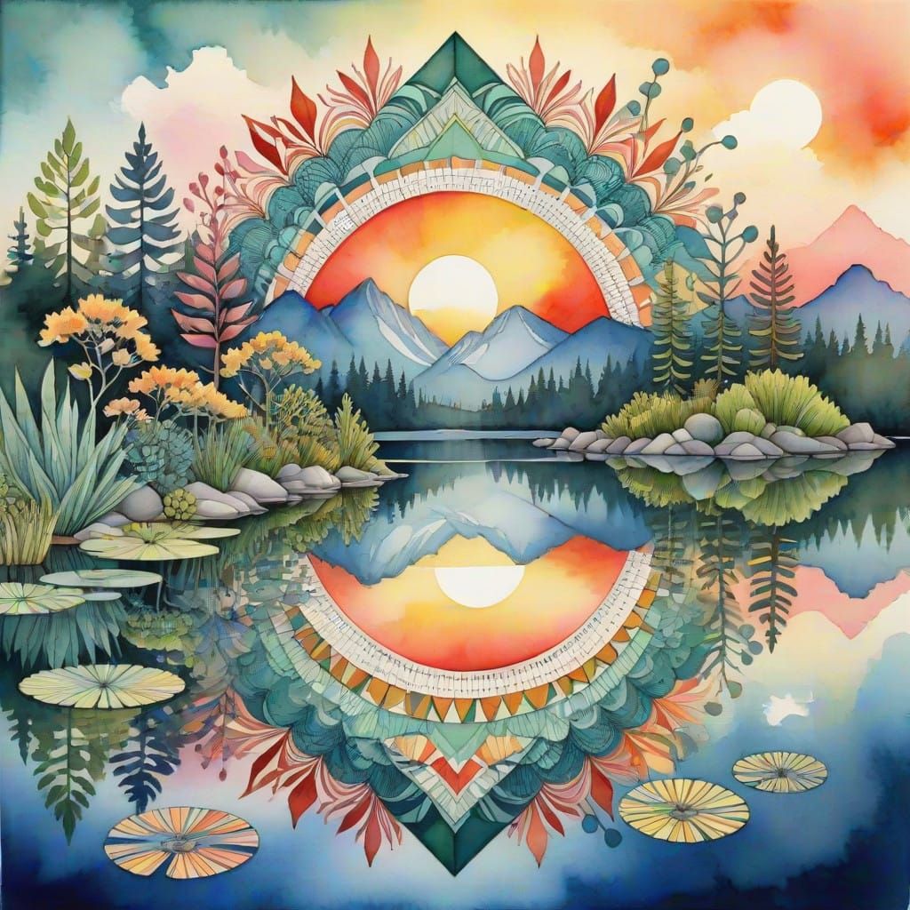 Vibrant Botanical Lake Scene in Watercolor Style