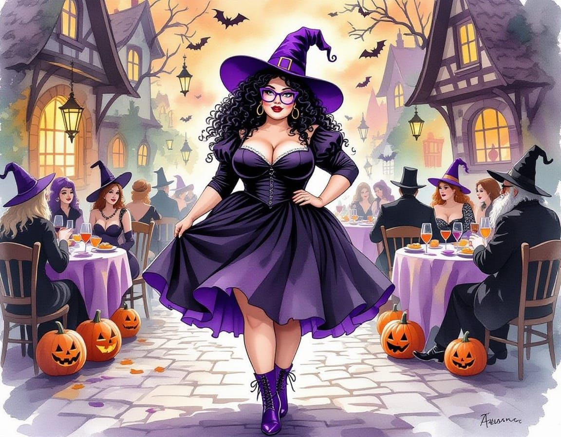 Gothic Witch at Halloween Party in Watercolor Style