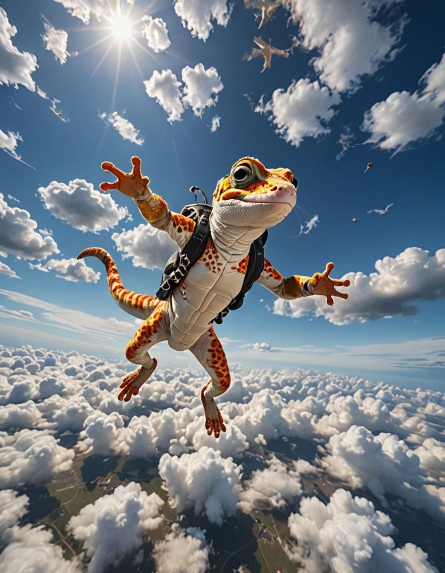 Gecko Skydiving Through Fluffy Clouds in Digital Art