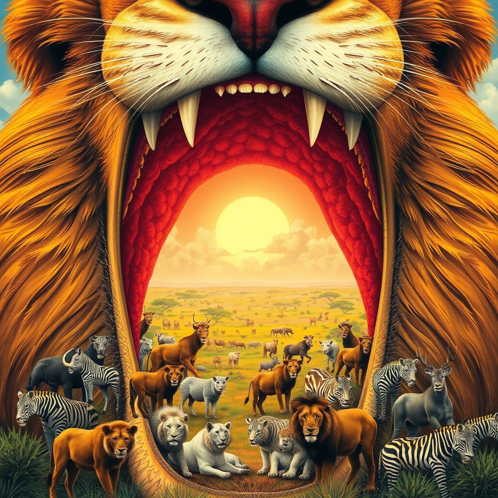 Surreal Serengeti Landscape Inside Lion's Beak