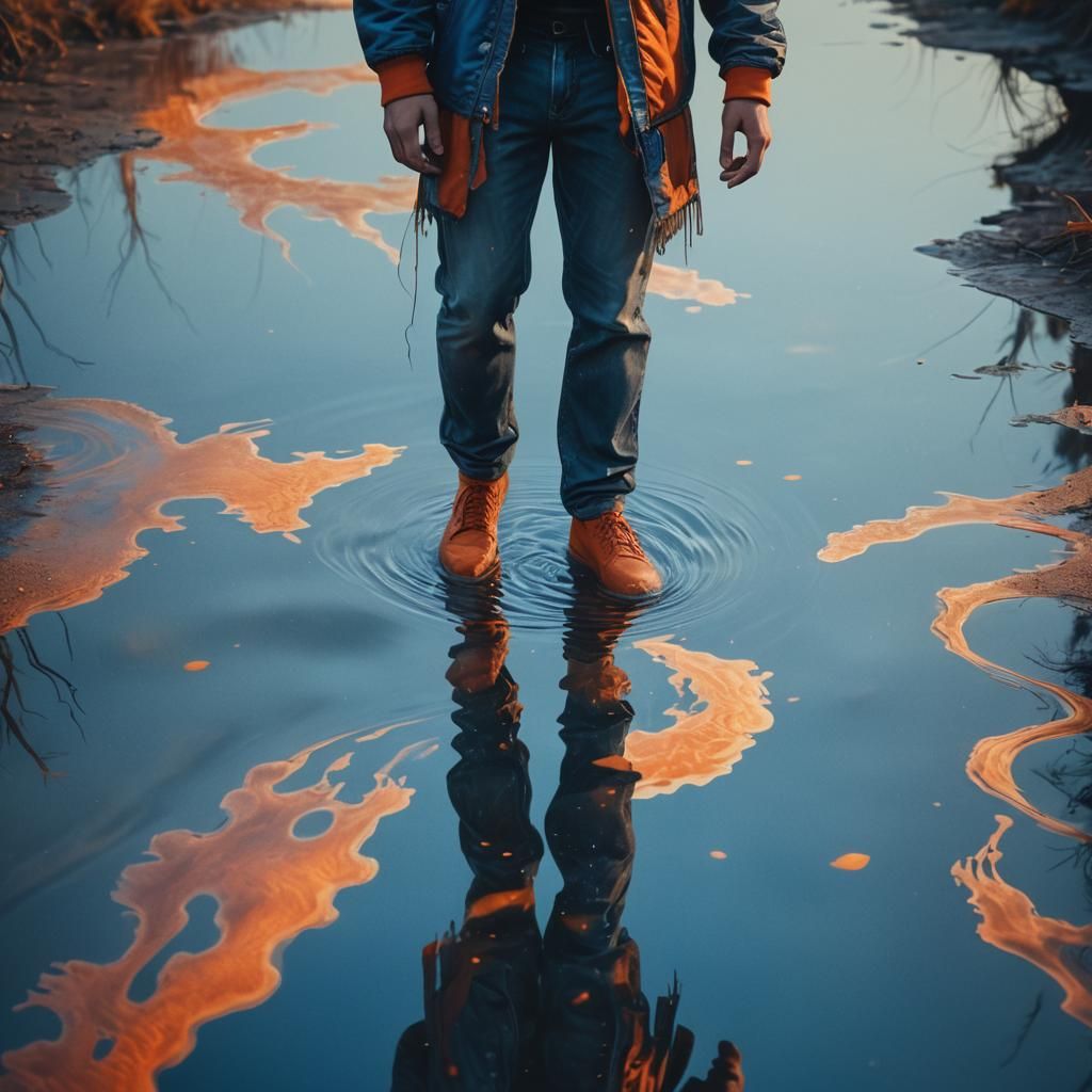 Person at Liquid Mirror: Surreal Concept Art