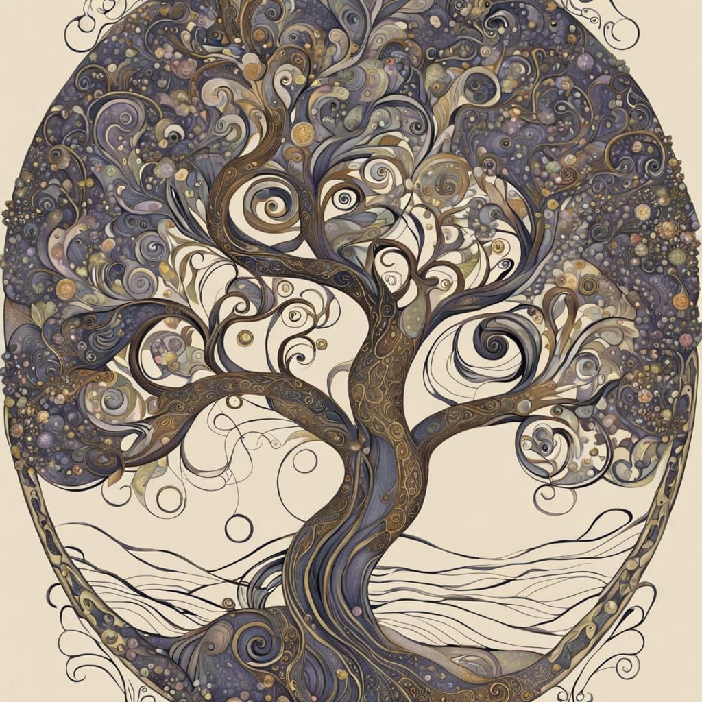 Art Nouveau Mystical Tree Illustration with Flowing Organic ...