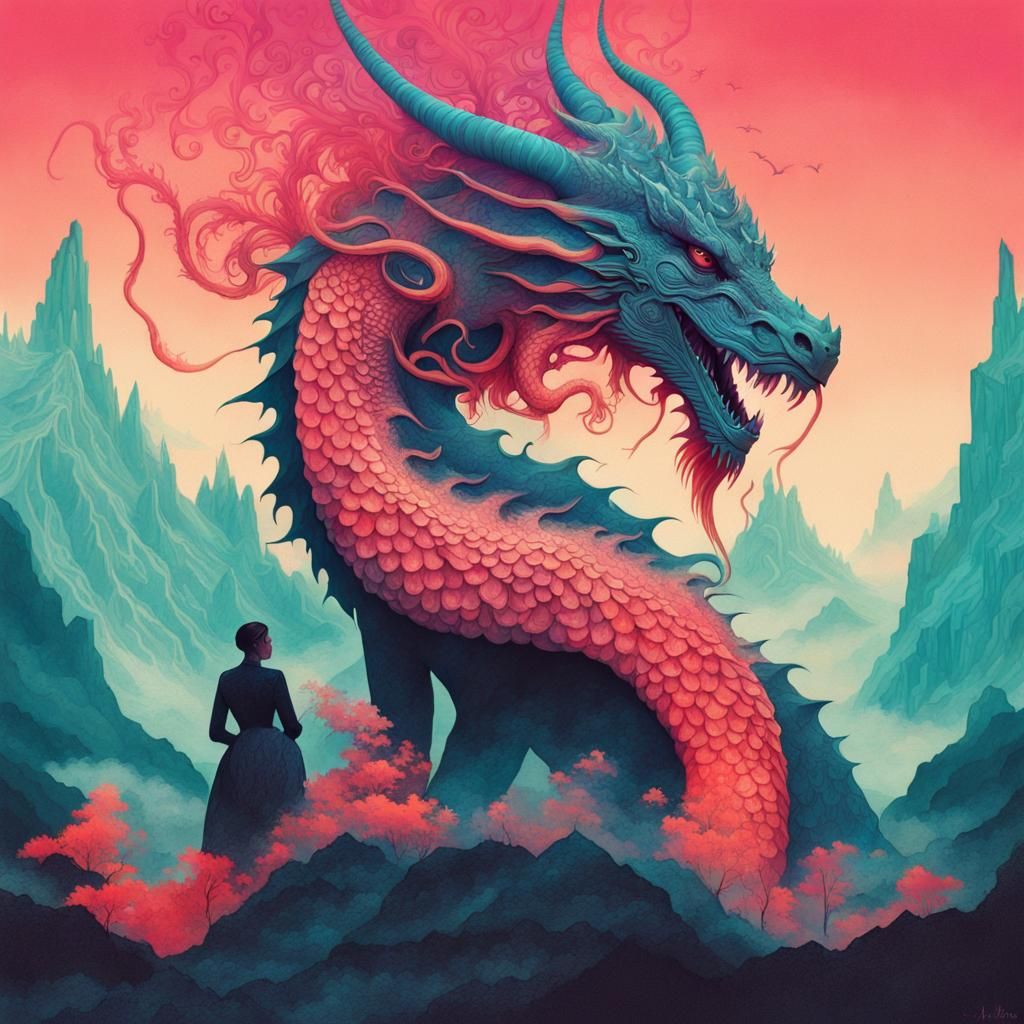 Fantasy Dragon and Woman Double Exposure Art