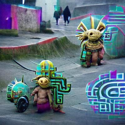 Aztec Cyberpunk Teletubbies in Neon Cityscape
