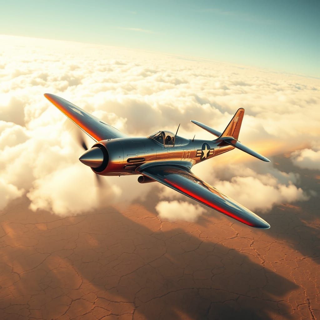 WWII Fighter Plane in Hypersonic Pursuit, Blazing with Golde...