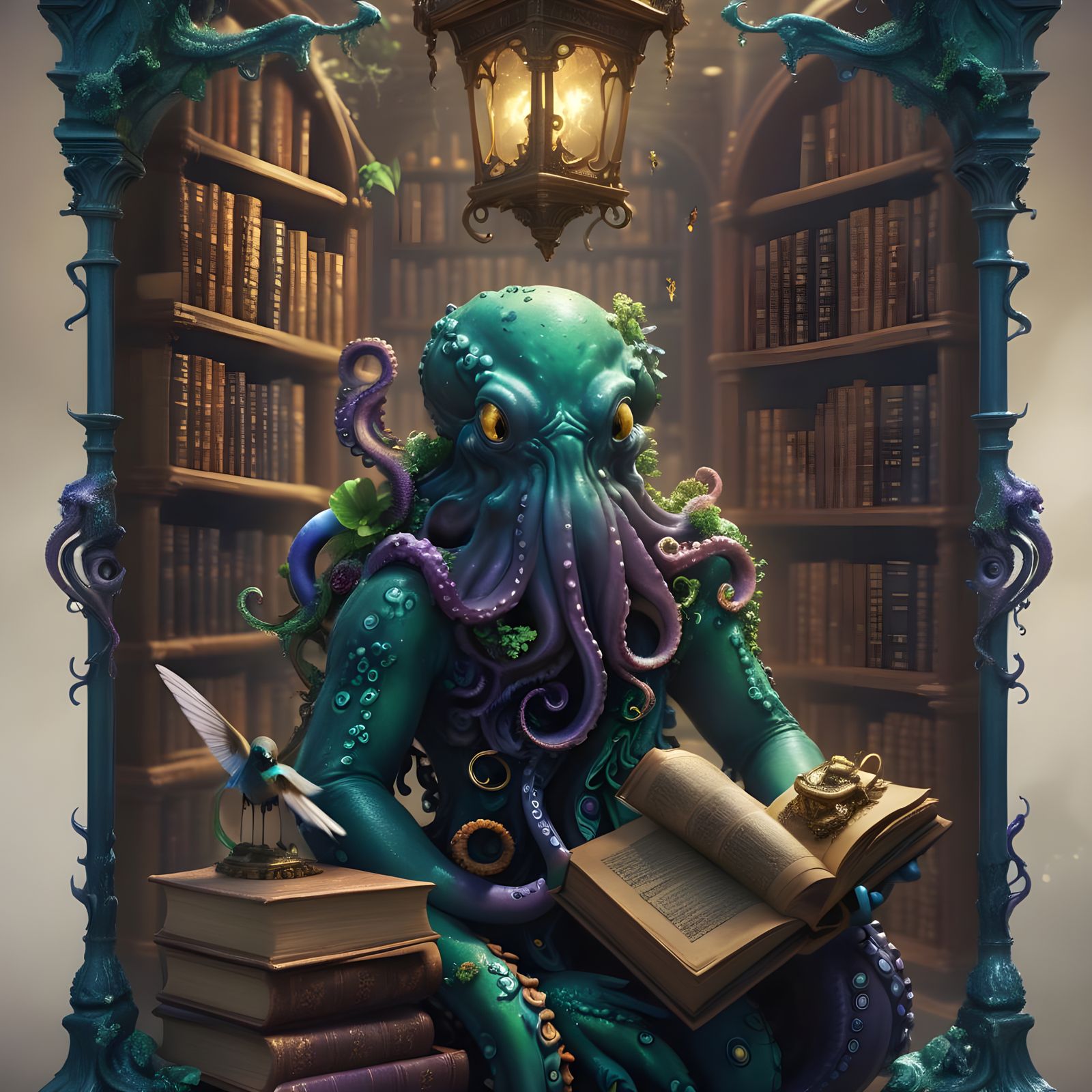 Book Octopus Seahorse in Dark Academia Style