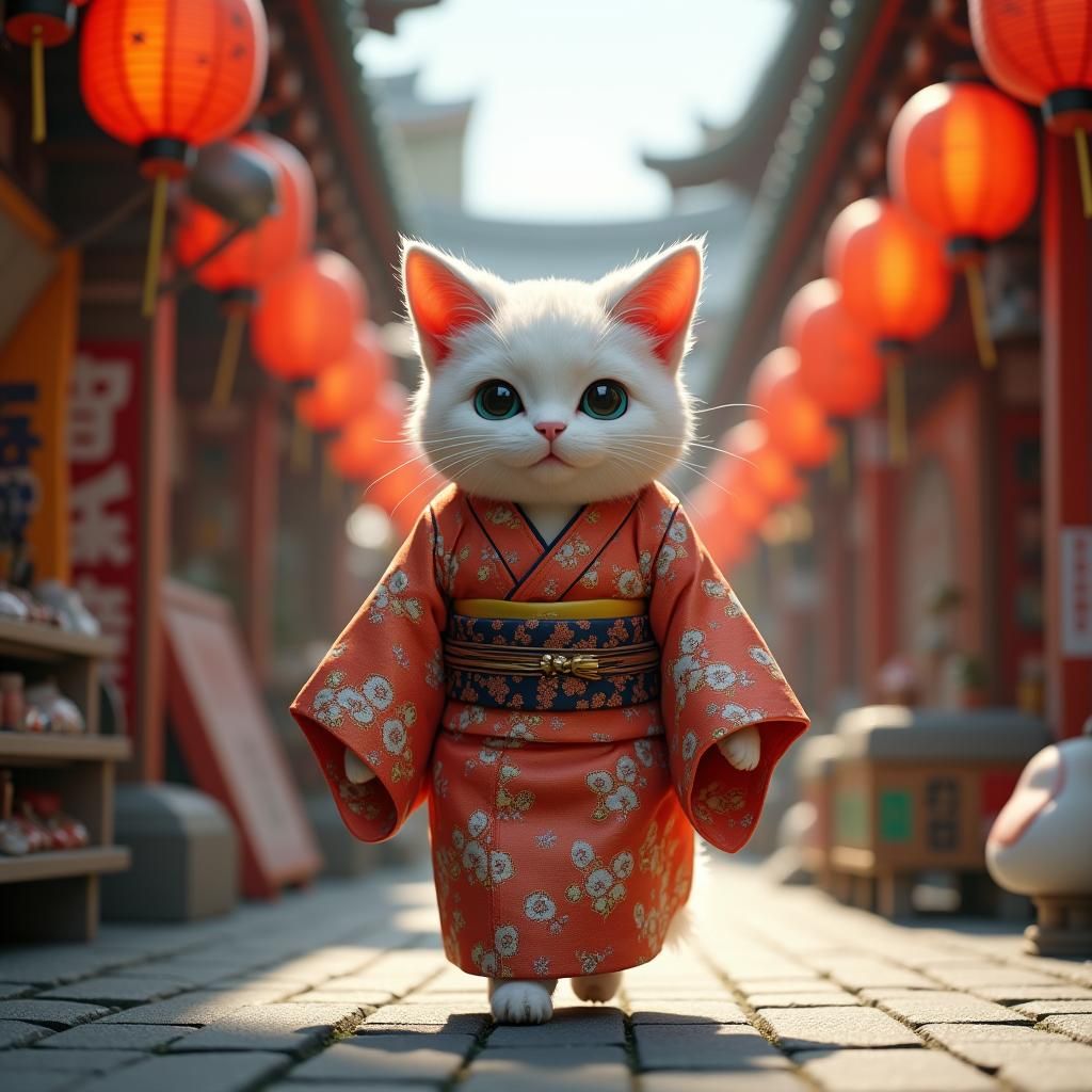 Kimono Cat Strolling Asakusa in Photorealistic Style