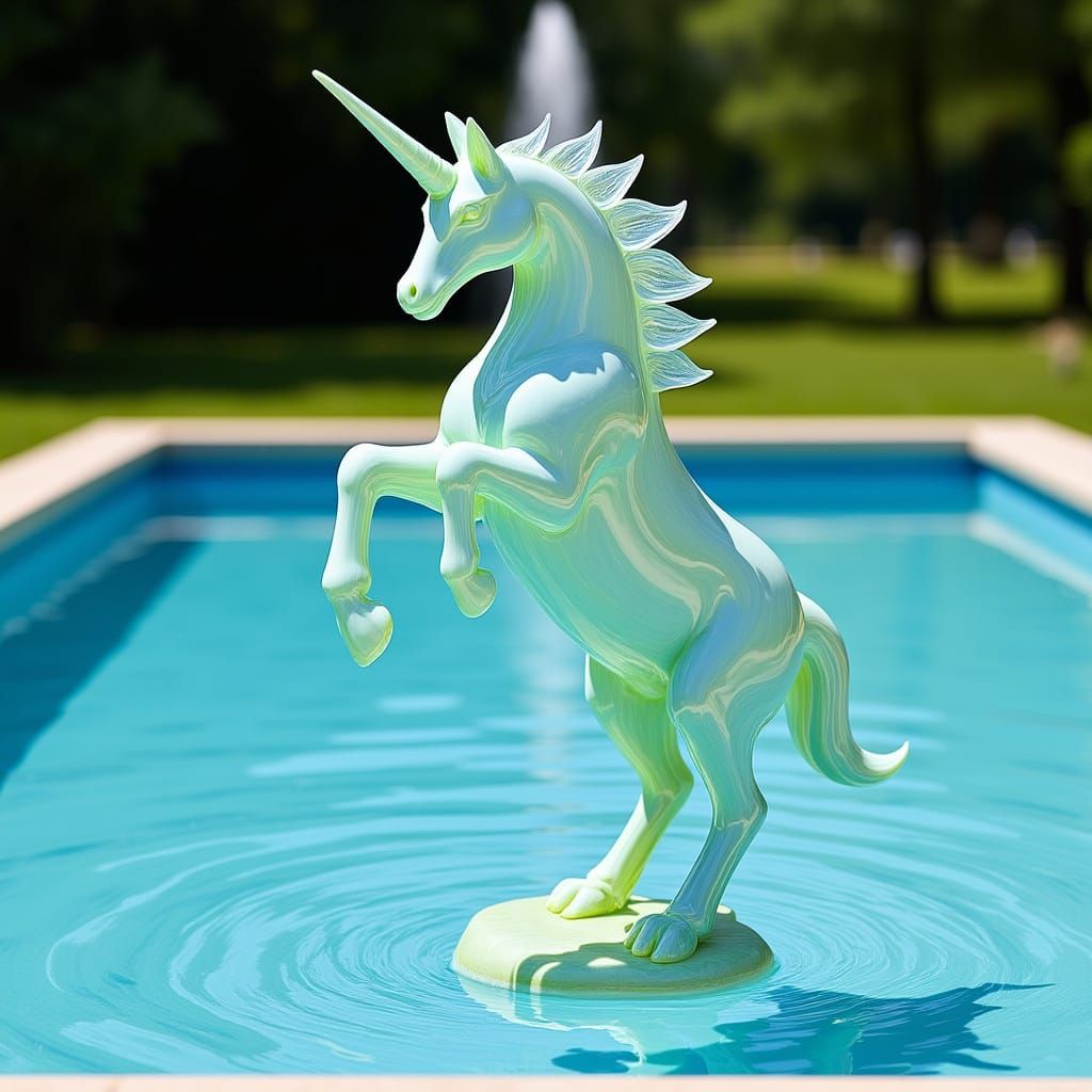 Sea Glass Unicorn Sculpture on Water Fountain