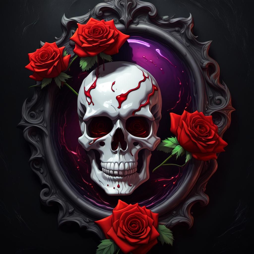 Skull and Rose Melting in Dark Mirror, Hyperdetailed