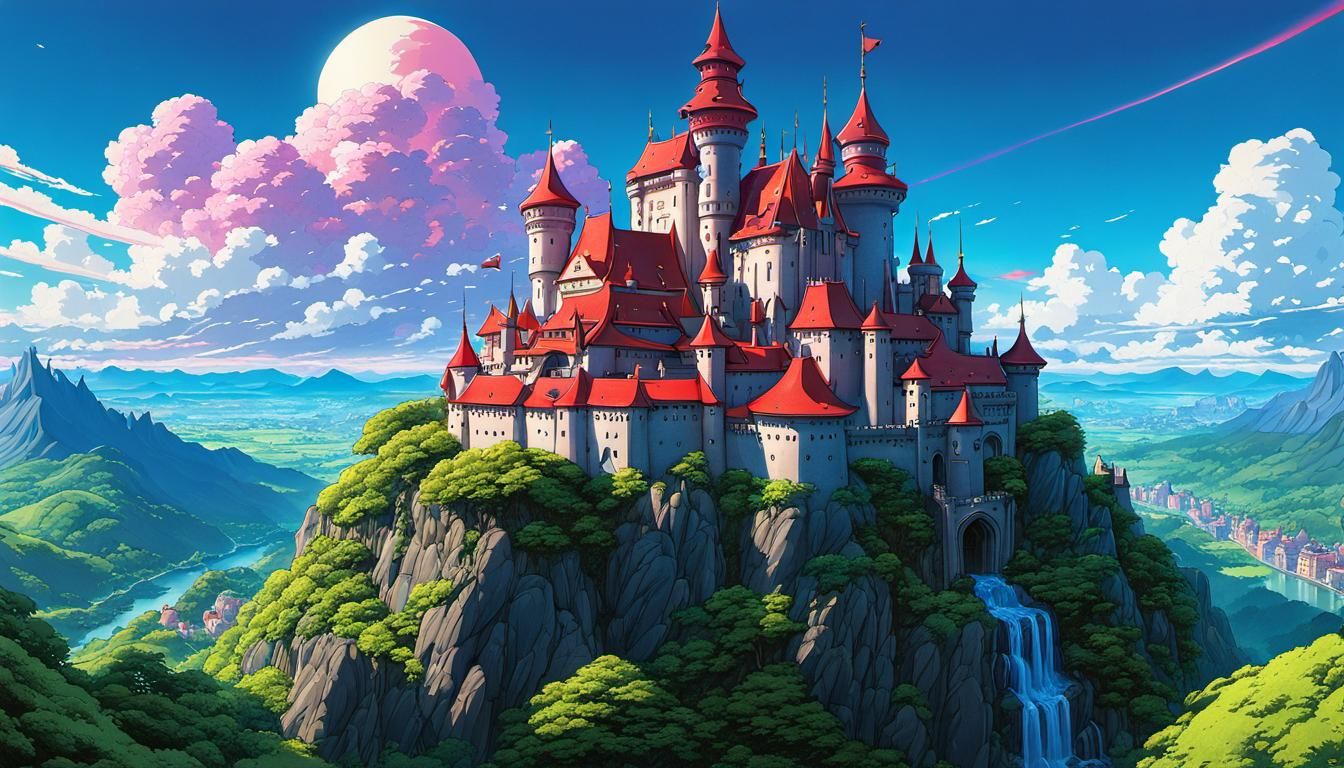 Studio Ghibli Castle Fantasy Landscape in 3D Anime Style